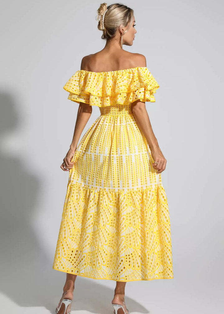 Off Shoulder Smocked Eyelet Embroidered Tiered Ruffle Maxi Dress