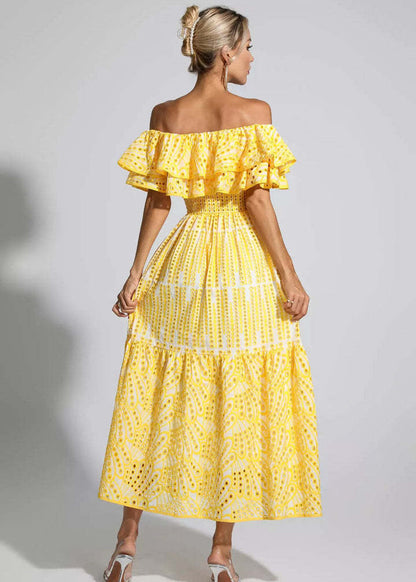 Off Shoulder Smocked Eyelet Embroidered Tiered Ruffle Maxi Dress