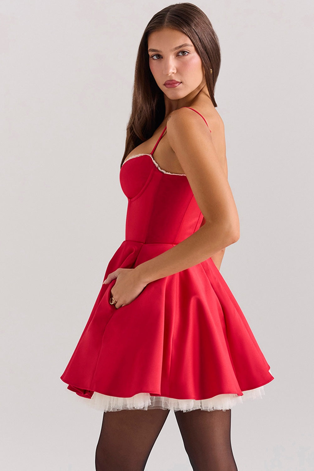 Sweetheart Bustier Lace Trim Tulle Hem Pleated Fit-and-Flare Mini Dress