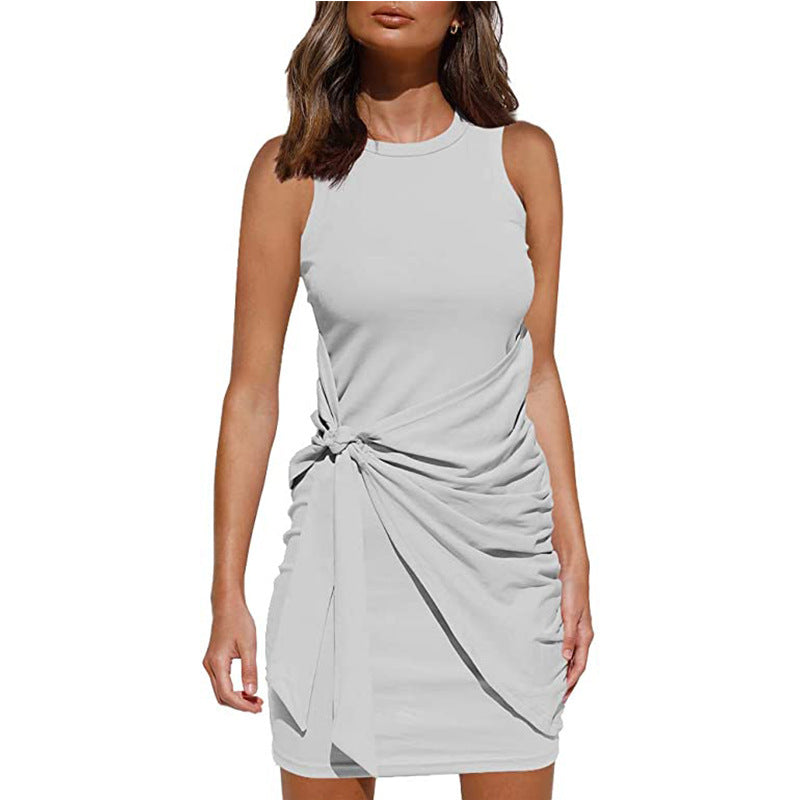 Crew Neck Side-Tie Knot Ruched Tank Bodycon Mini Dress