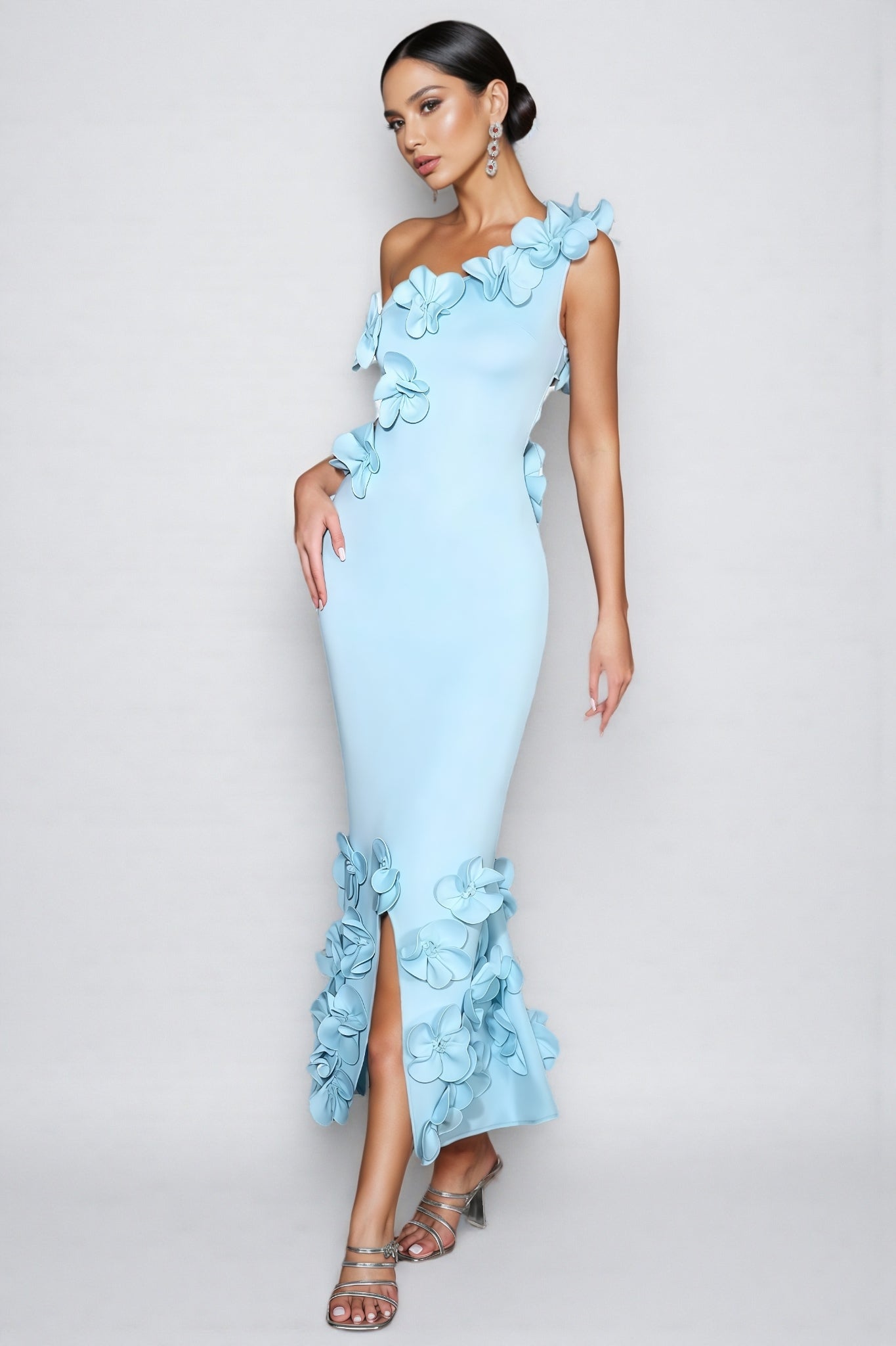 Tamarah Blue One-Shoulder 3D Floral Maxi Dress