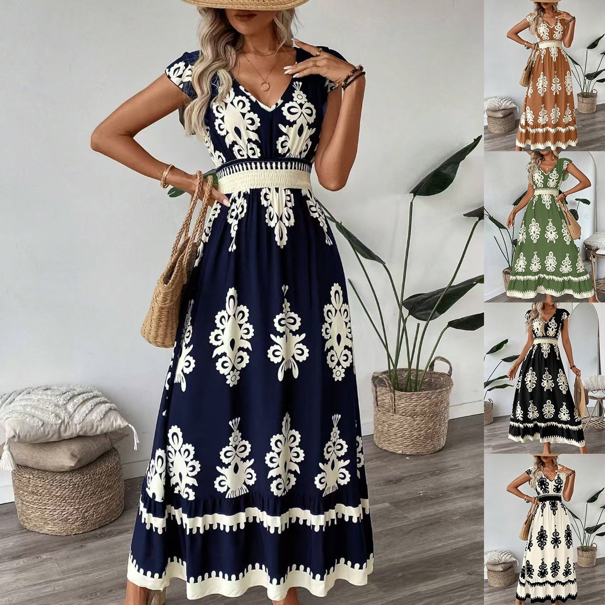 Ornamental Print V-Neck Cap Sleeve Smocked Waist Tiered Hem Boho Maxi Dress