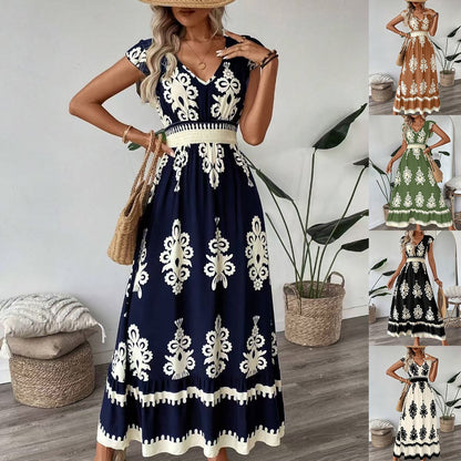 Ornamental Print V-Neck Cap Sleeve Smocked Waist Tiered Hem Boho Maxi Dress
