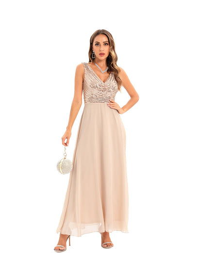 Backless Chiffon Stitching Dress Evening Dress