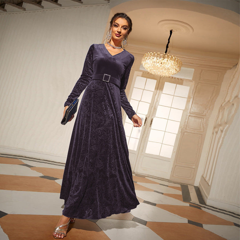 V Neck Long Sleeve Velvet Jacquard Rhinestone Buckle Belt Maxi Dress