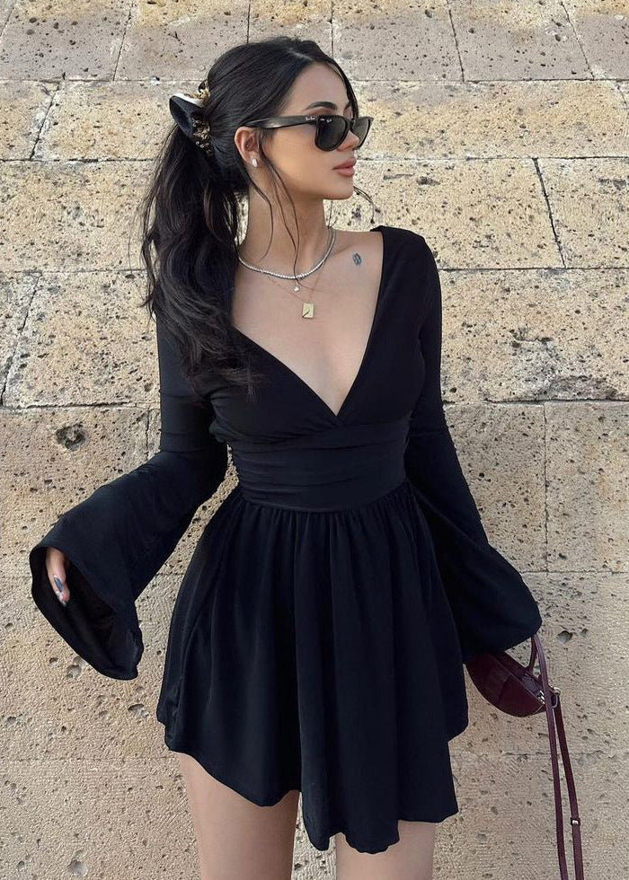 Deep V Neck Bell Sleeve Ruched Waist Wrap Fit and Flare Mini Dress