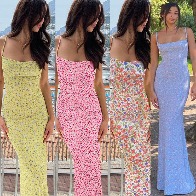Ditsy Floral Print Spaghetti Strap Square Neck Cowl Drape Bodycon Maxi Dress