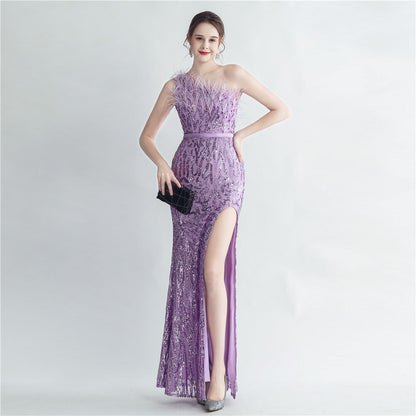 Heavy Industry Ostrich Hair Craft Bundle Hair Oblique Shoulder Side Slit High End Evening Dress