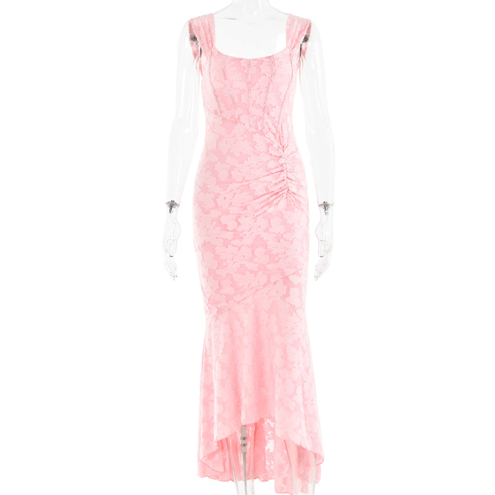 Square Neck Corset Ruched Jacquard High-Low Ruffle Maxi Dress