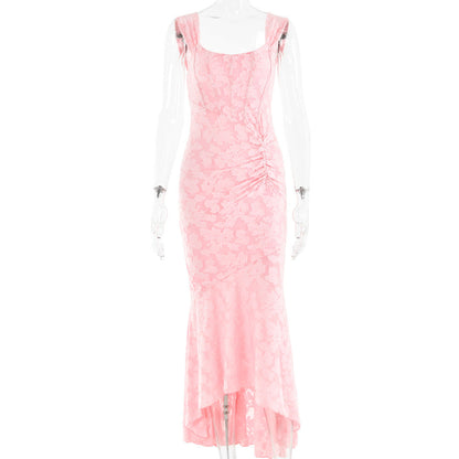Square Neck Corset Ruched Jacquard High-Low Ruffle Maxi Dress