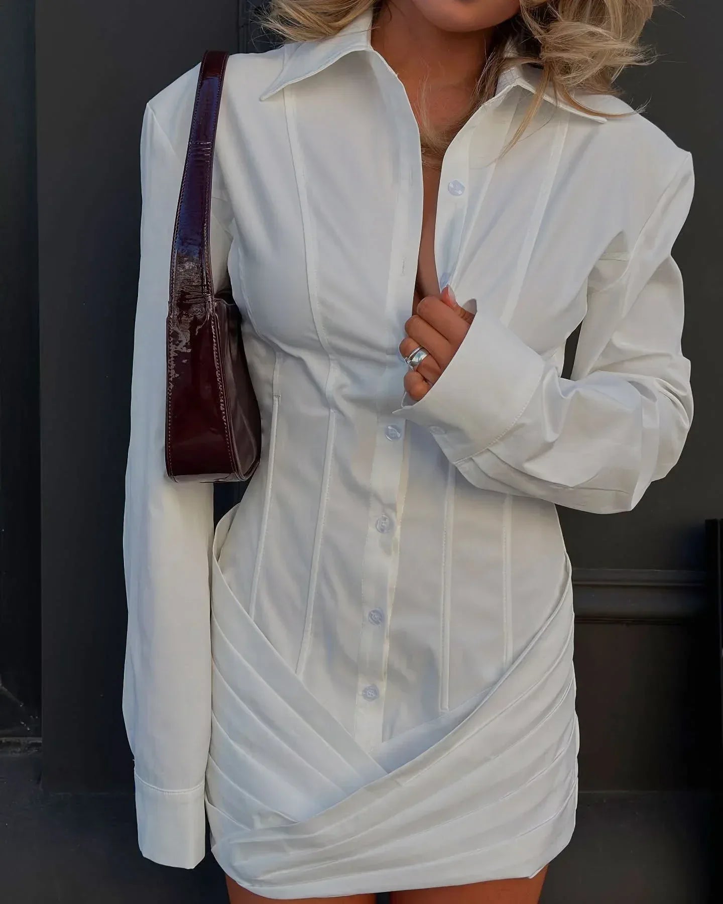 Women Long Sleeve Corset Shirt Mini Dress Bodycon
