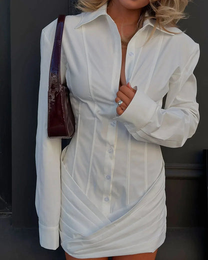 Women Long Sleeve Corset Shirt Mini Dress Bodycon