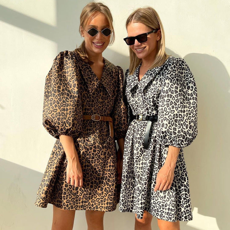 Peter Pan Collar Leopard PrintElegant Dress Half Sleeve A line Dress