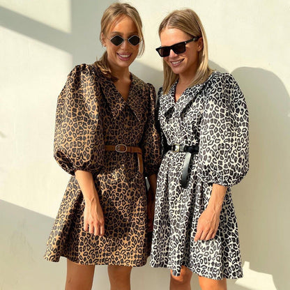 Peter Pan Collar Leopard PrintElegant Dress Half Sleeve A line Dress