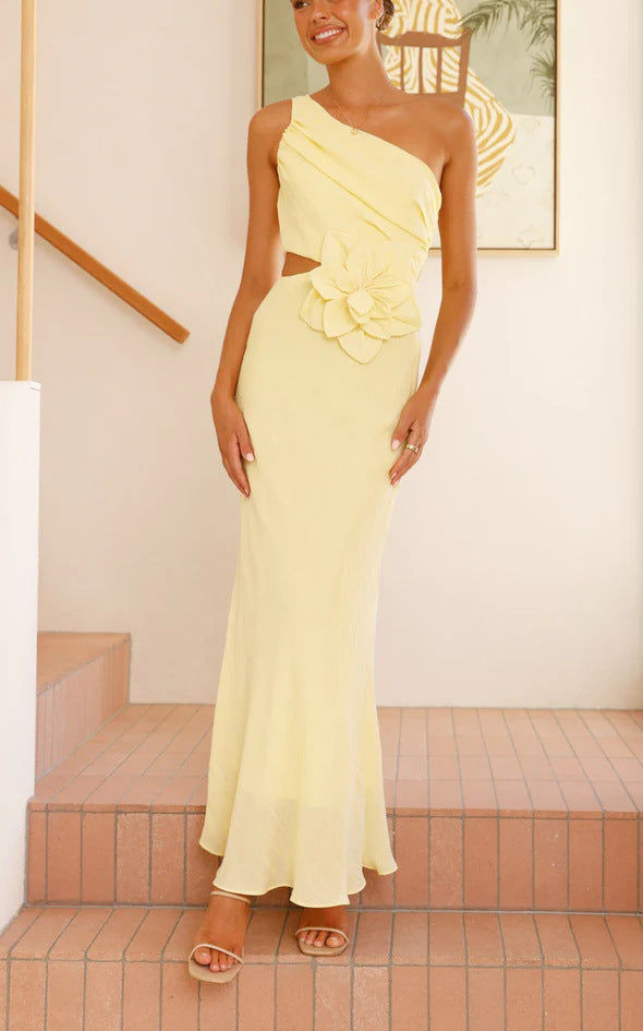 Bloom Summer 3d Flower Ruched One Shoulder Cutout Maxi Dress