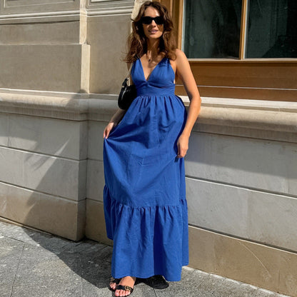 Spaghetti Strap Deep V-Neck Tiered Ruffle Hem Maxi Dress