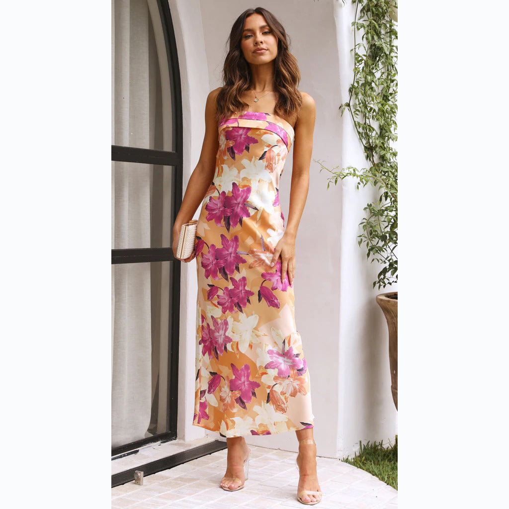 Strapless Foldover Bandeau Floral Print Column Midi Dress