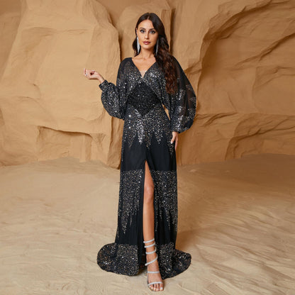 Sequin Embellished V-Neck Bishop Sleeve Geometric Bodice High Slit Maxi Gown