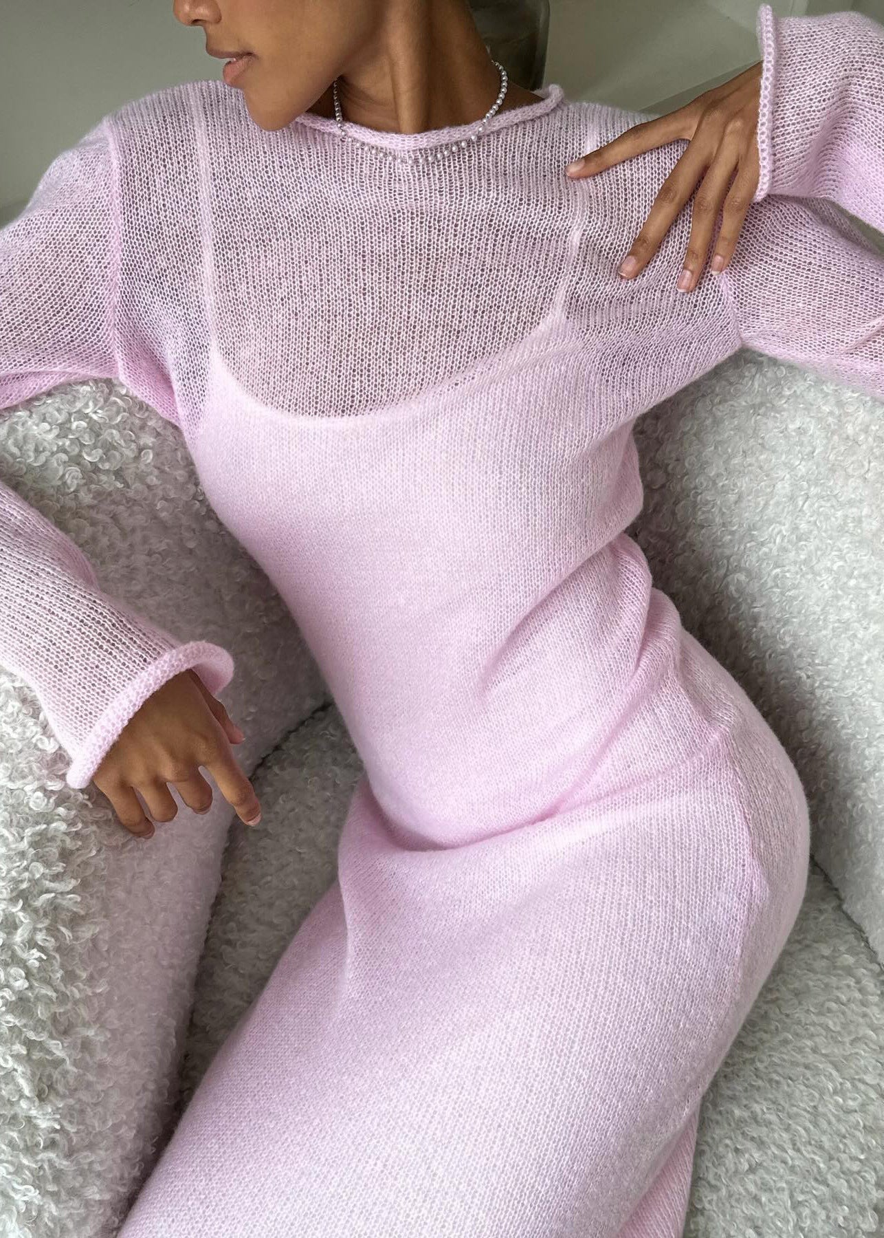 Sheer Knit Layered Spaghetti Strap Slip Long Sleeve Maxi Dress