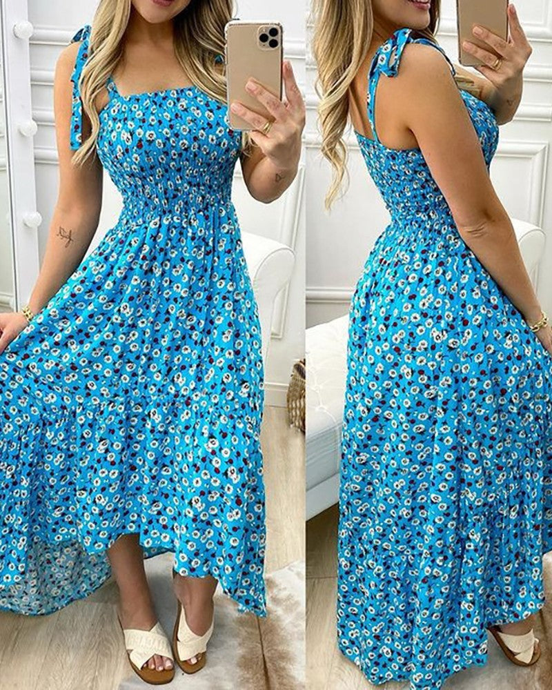 Smocked Tie-Shoulder Floral Print Tiered Asymmetrical Maxi Dress