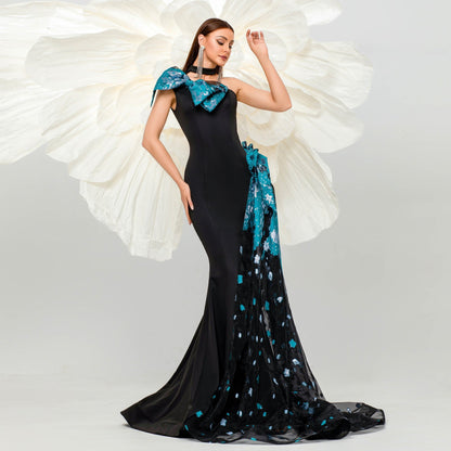 High End Sleeveless Elegant One Shoulder Diagonal Collar Cocktail Hairtail Evening Dress Bridesmaid Dress