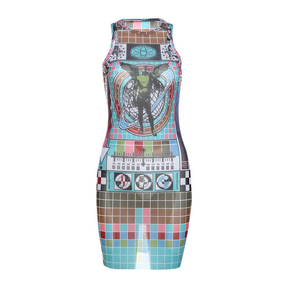 Personality Mesh Contrast Color High Waist Figure Flattering Sheath Dress