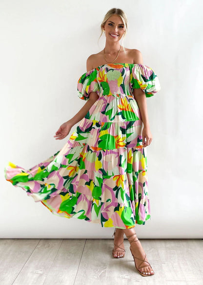 Holiday Slim Fit Backless Large Swing Dress off-Neck Printed Dress Summer