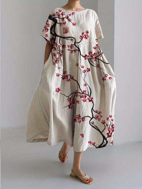 Blossom Print Crew Neck Gathered Waist Pocket Midi Dress