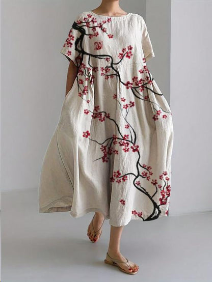 Blossom Print Crew Neck Gathered Waist Pocket Midi Dress