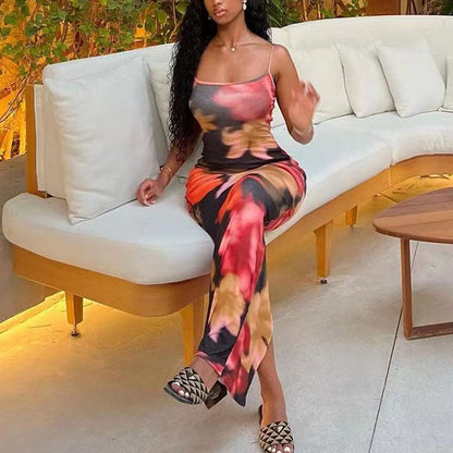Abstract Watercolor Print Spaghetti Strap Scoop Neck Bodycon Maxi Dress