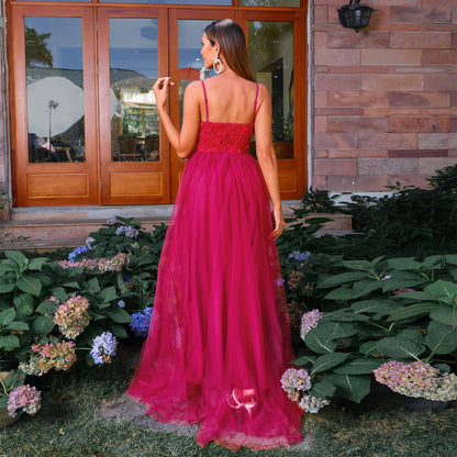 European French Dress Sling Off Neck Mesh Stitching Casual Holiday Evening Dress Dress