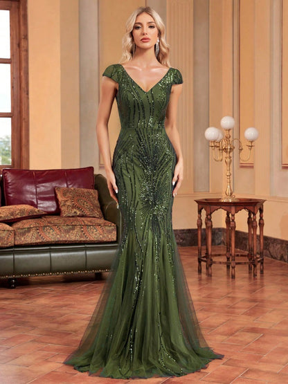 Green Beaded Dress Long Slim Fishtail Bridesmaid Cocktail Evening Dress for