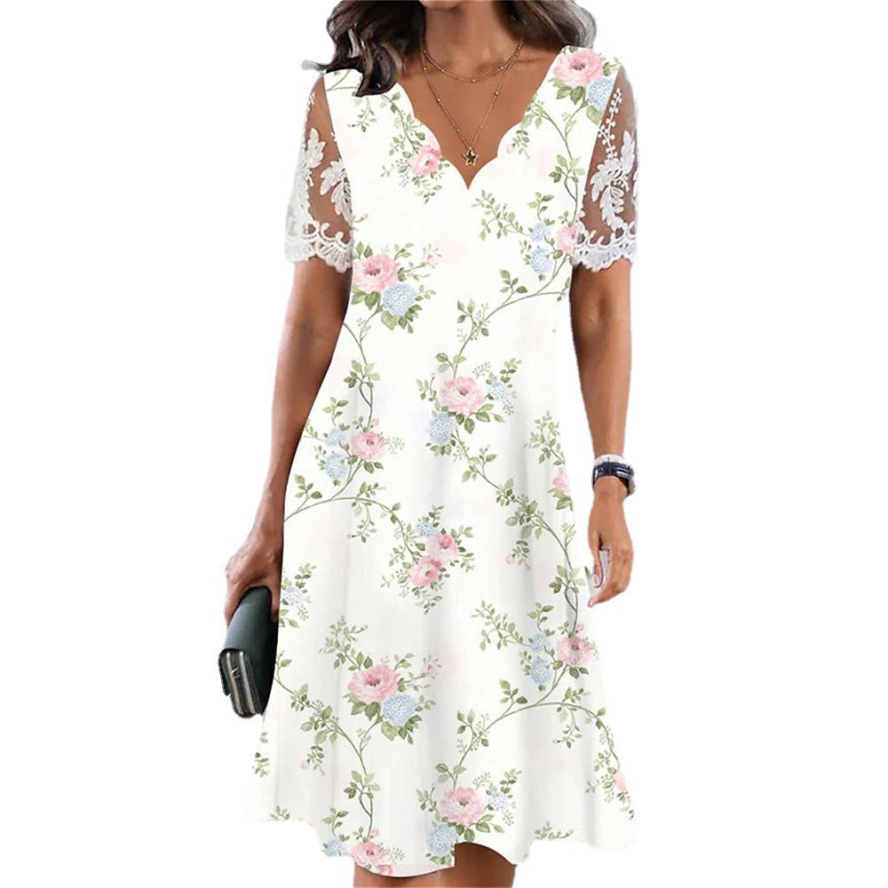 Large Floral Print Scalloped V-Neck Lace Short Sleeve A-Line Midi Dress