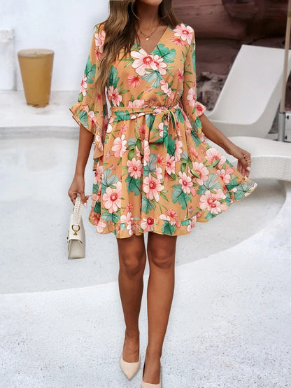 RUFFLE FLORAL WRAP MINI DRESS – ORANGE FLORAL