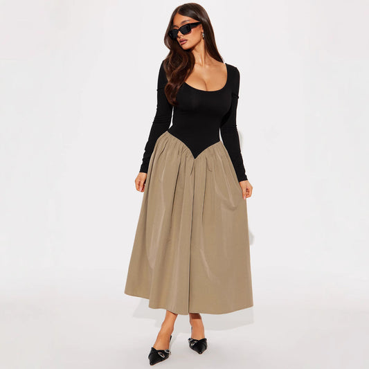 Long Elegant round Neck Backless Upper Body Tight Large Swing Dress Stitching Dress