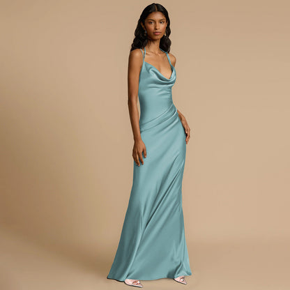 Cross Back Spaghetti Strap Deep V Back Satin Slip Maxi Dress