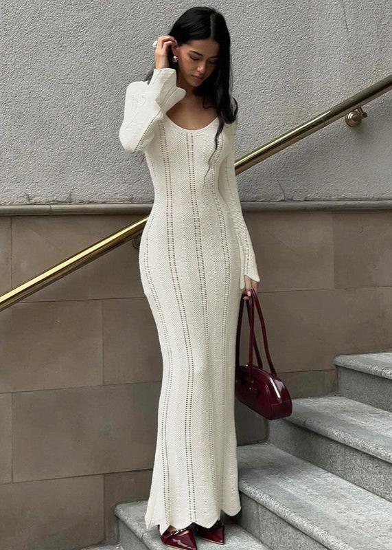 Pointelle Rib Knit Scoop Neck Long Sleeve Flared Cuff Bodycon Maxi Dress