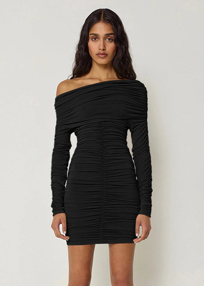 Asymmetric Off-Shoulder Ruched Long Sleeve Bodycon Mini Dress