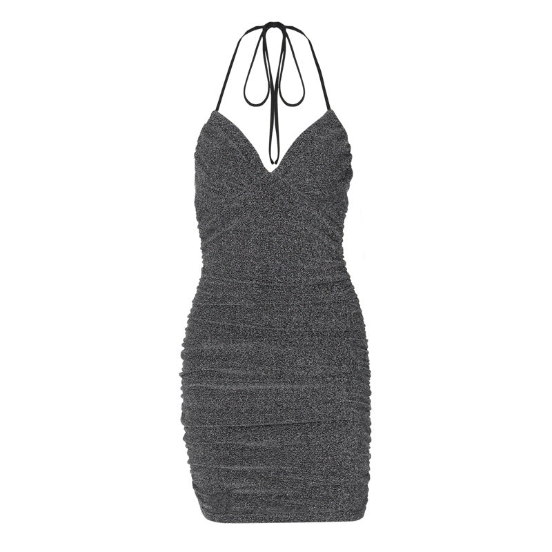 Halter Tie Neck Sweetheart Ruched Shimmer Bodycon Mini Dress
