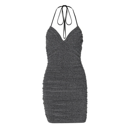 Halter Tie Neck Sweetheart Ruched Shimmer Bodycon Mini Dress