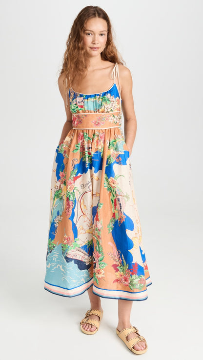 Women's spring and summer elegant new sling print pocket dress INS casual fashion party loose holiday dress
