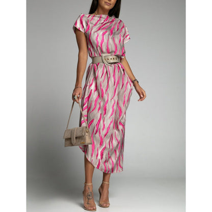 Abstract Wave Print Boat Neck Cap Sleeve Belted Asymmetrical Draped Hem Midi Dress