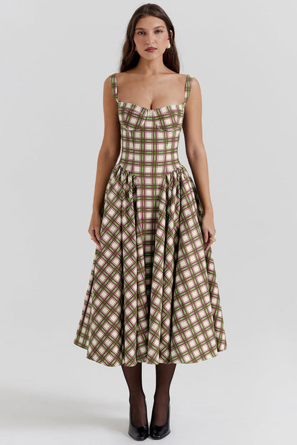 European Girl U Neck Plaid Sling Slim Waist Retro Big Swing