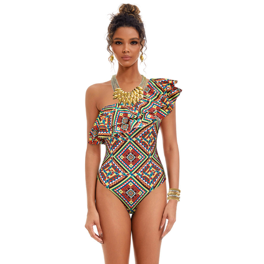 One Piece Swimsuit Bikini Ruffled Printed Swimsuit Chiffon Dress