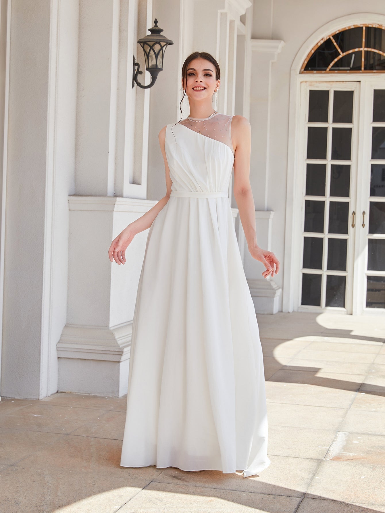 One Shoulder Illusion Mesh Panel Ruched Bodice A-Line Maxi Dress