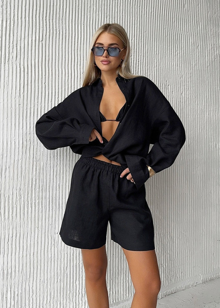 Isla – White Linen Shirt and Shorts Set