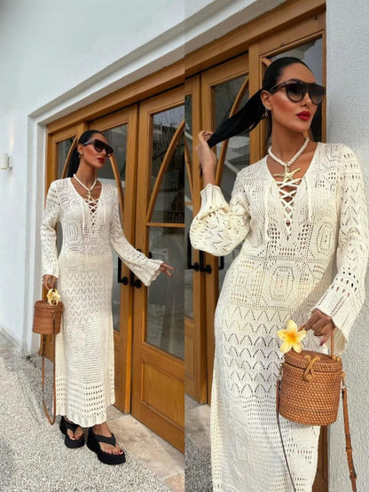 Summer knit hollow v neck beach maxi dress
