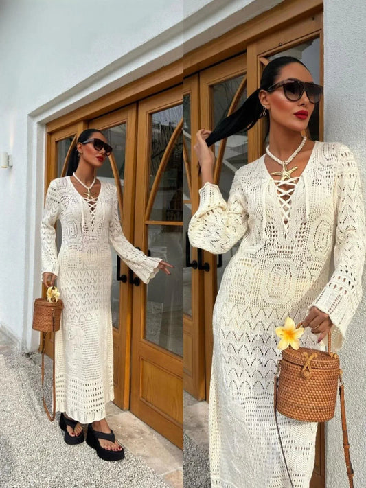 Summer knit hollow v neck beach maxi dress