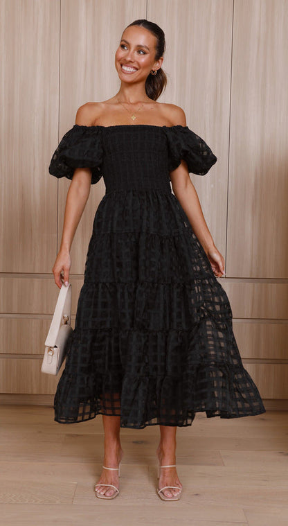 One Neck Lantern Sleeve Layer Stitching Dress