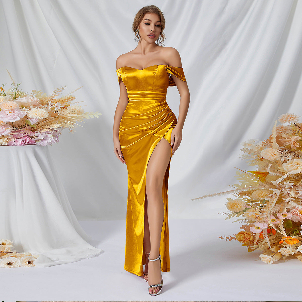 Evening Dress Cocktail Party Dress Bridesmaid Dress Long Pure off the Shoulder High Slit Dress